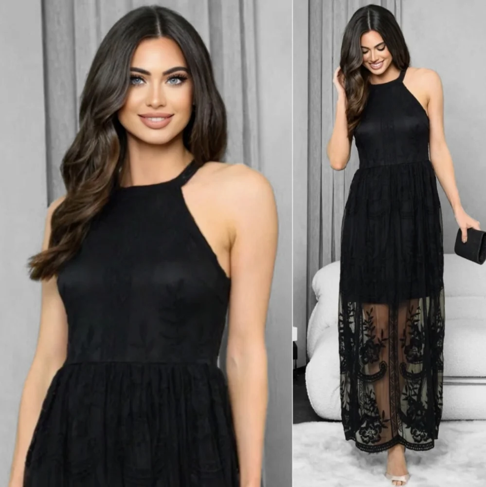 Last One! Stunning Black Lace Halter Top Dress - Picture 1 of 5
